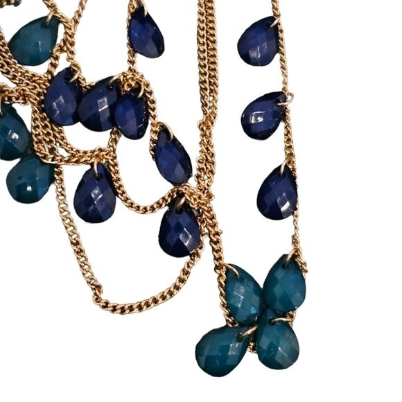 Multilayered Gold Toned Chain with Blue Glass Charms Necklace Adjustable - Picture 6 of 6